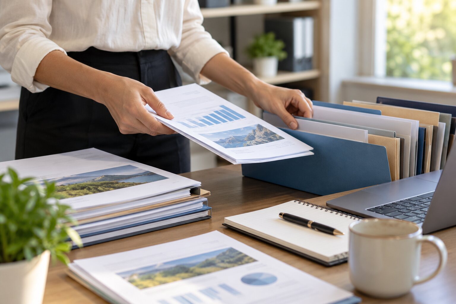 Profissional organizando relatórios e documentos corporativos