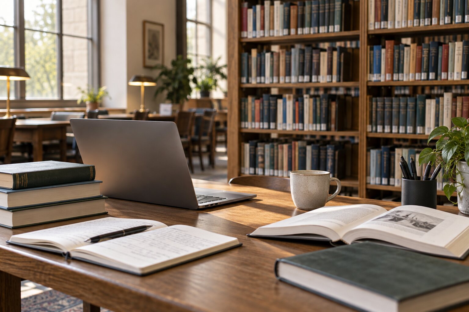 Área de pesquisa com livros, computador e material de consulta